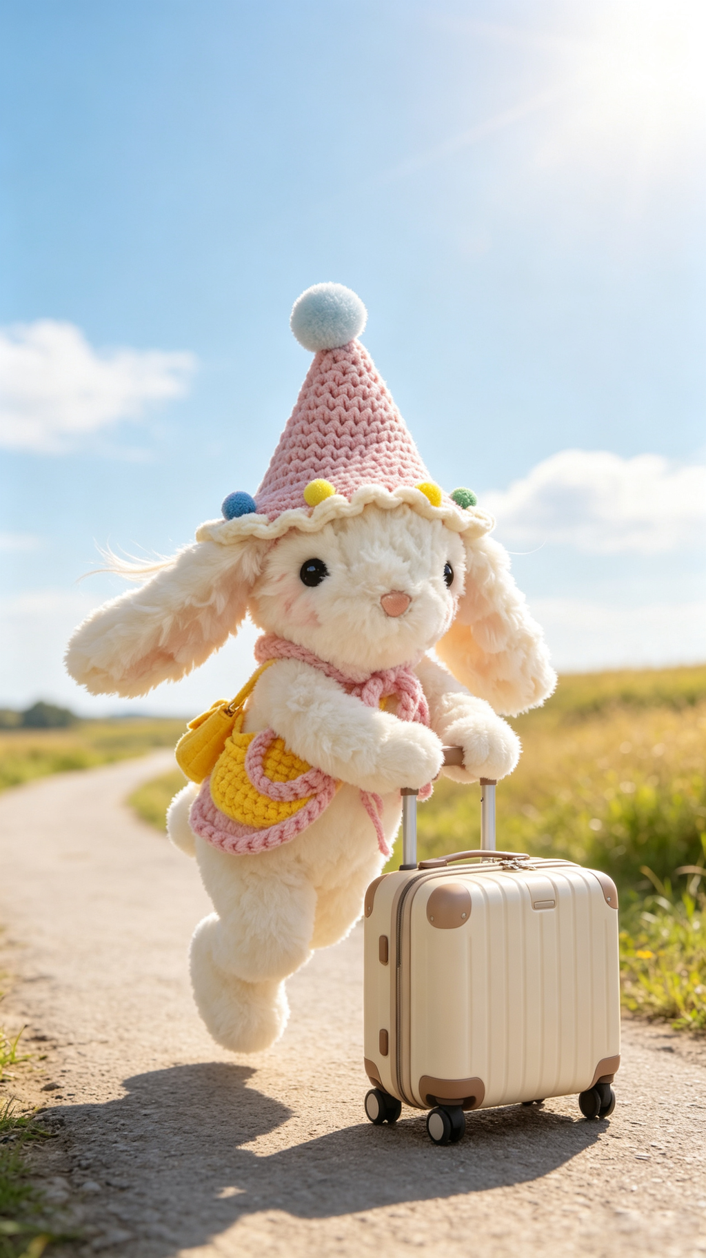 Bubblegum Bunny with a Pink Hat and a Yellow Bag