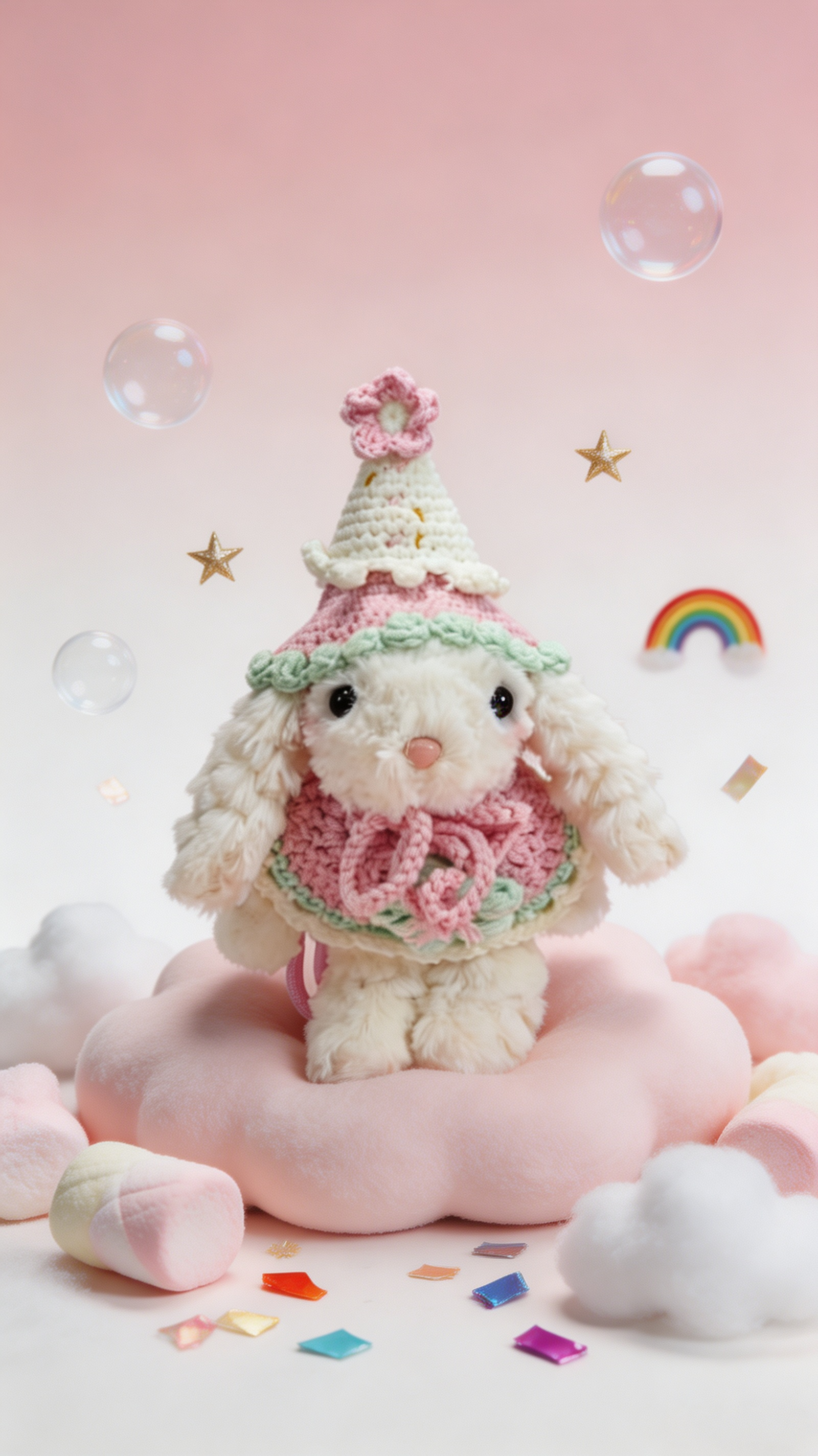 Bubblegum Bunny with a White Hat and a Pink Shawl
