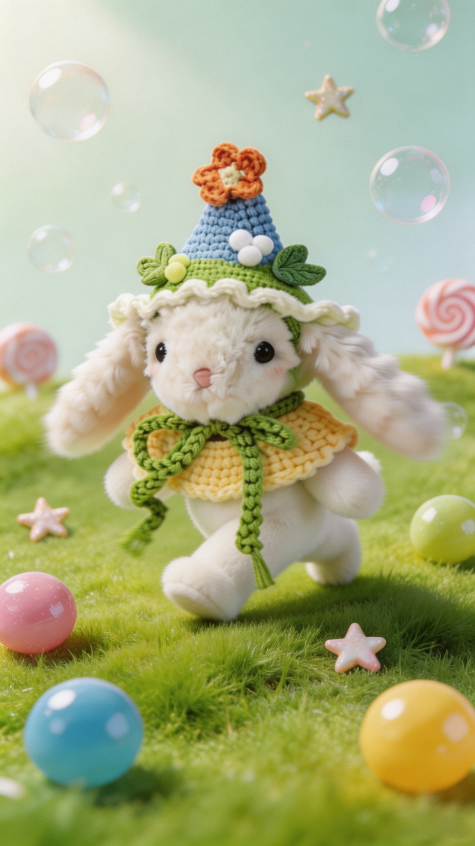 Bubblegum Bunny with a Blue Hat and a Yellow Shawl