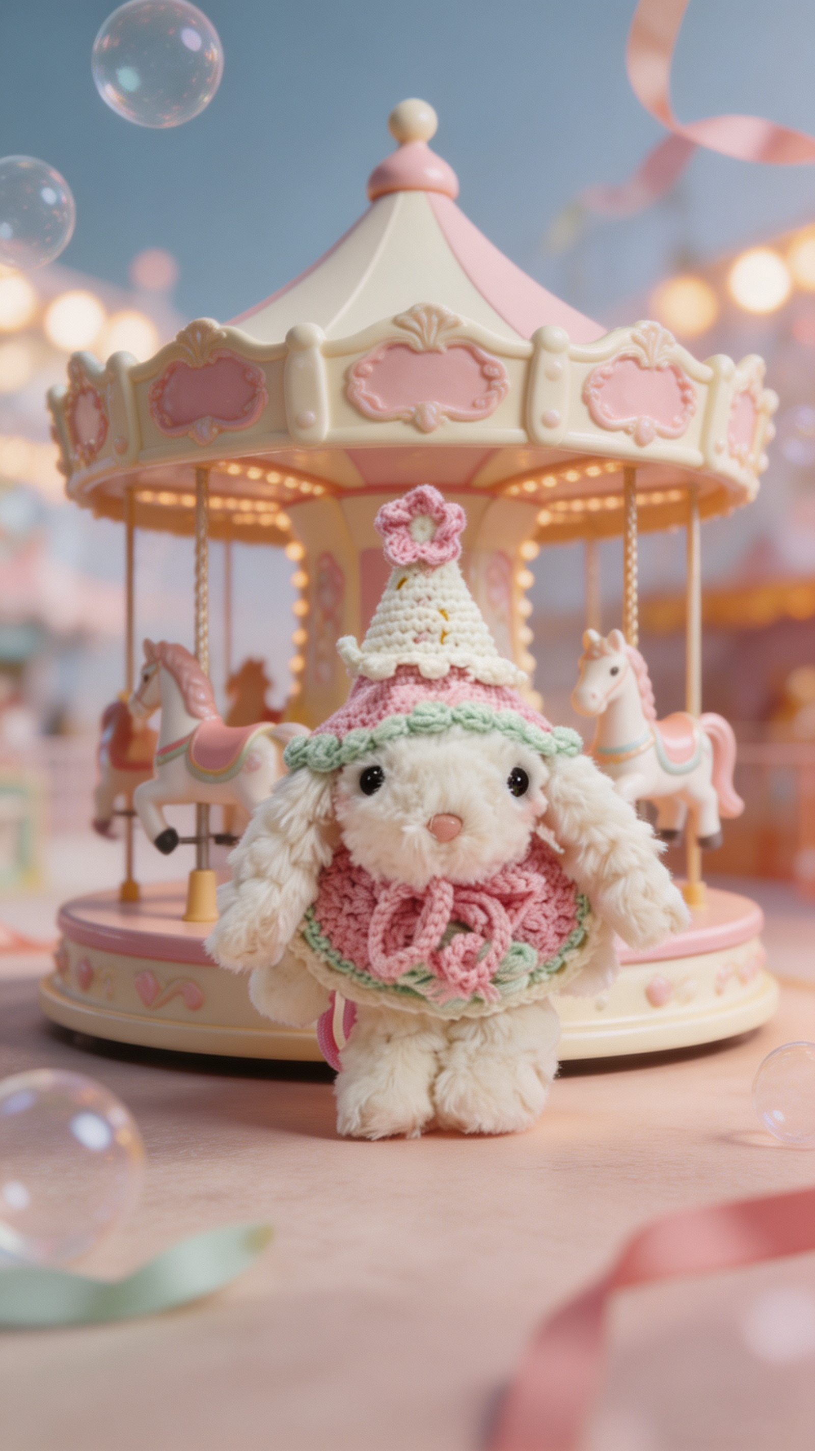 Bubblegum Bunny with a White Hat and a Pink Shawl