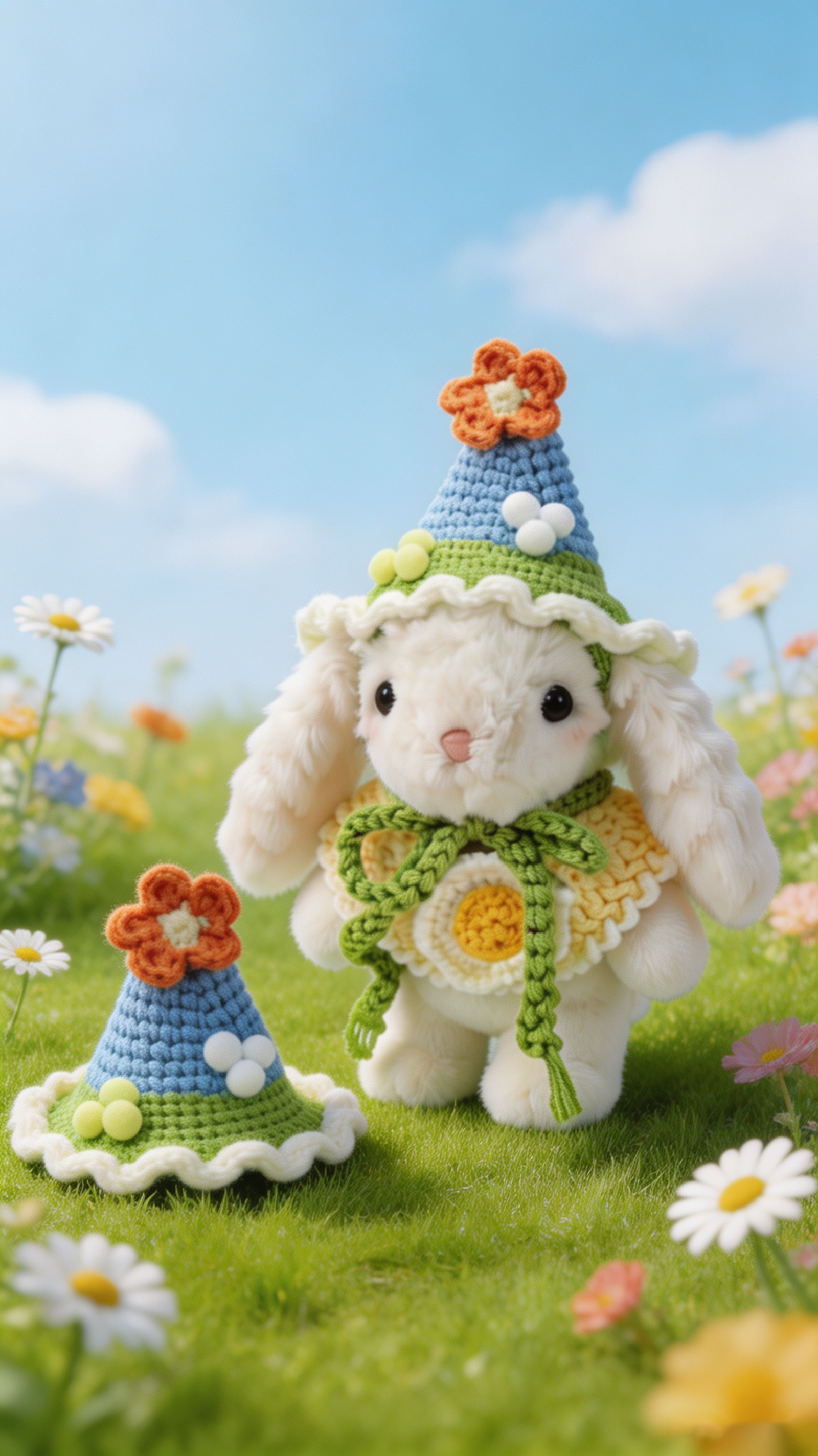 Bubblegum Bunny with a Blue Hat and a Yellow Shawl