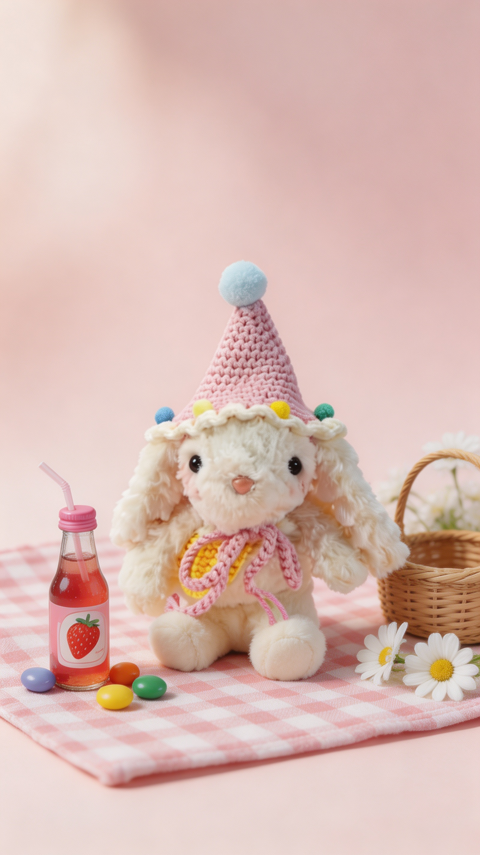 Bubblegum Bunny with a Pink Hat and a Yellow Bag
