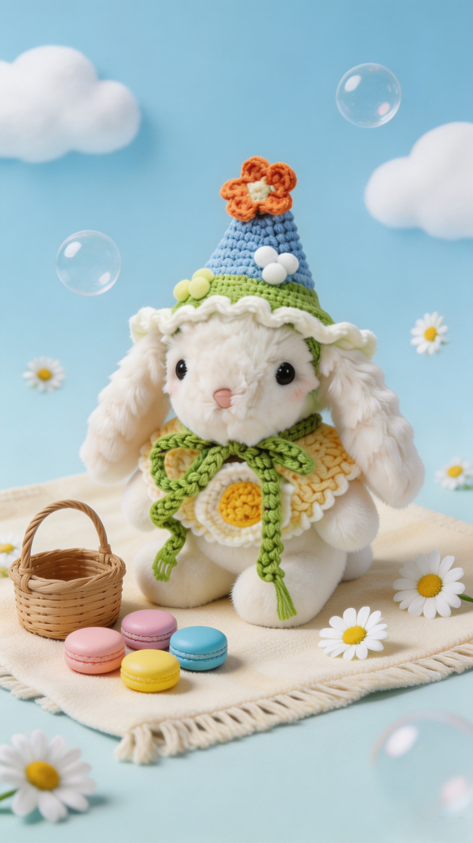 Bubblegum Bunny with a Blue Hat and a Yellow Shawl