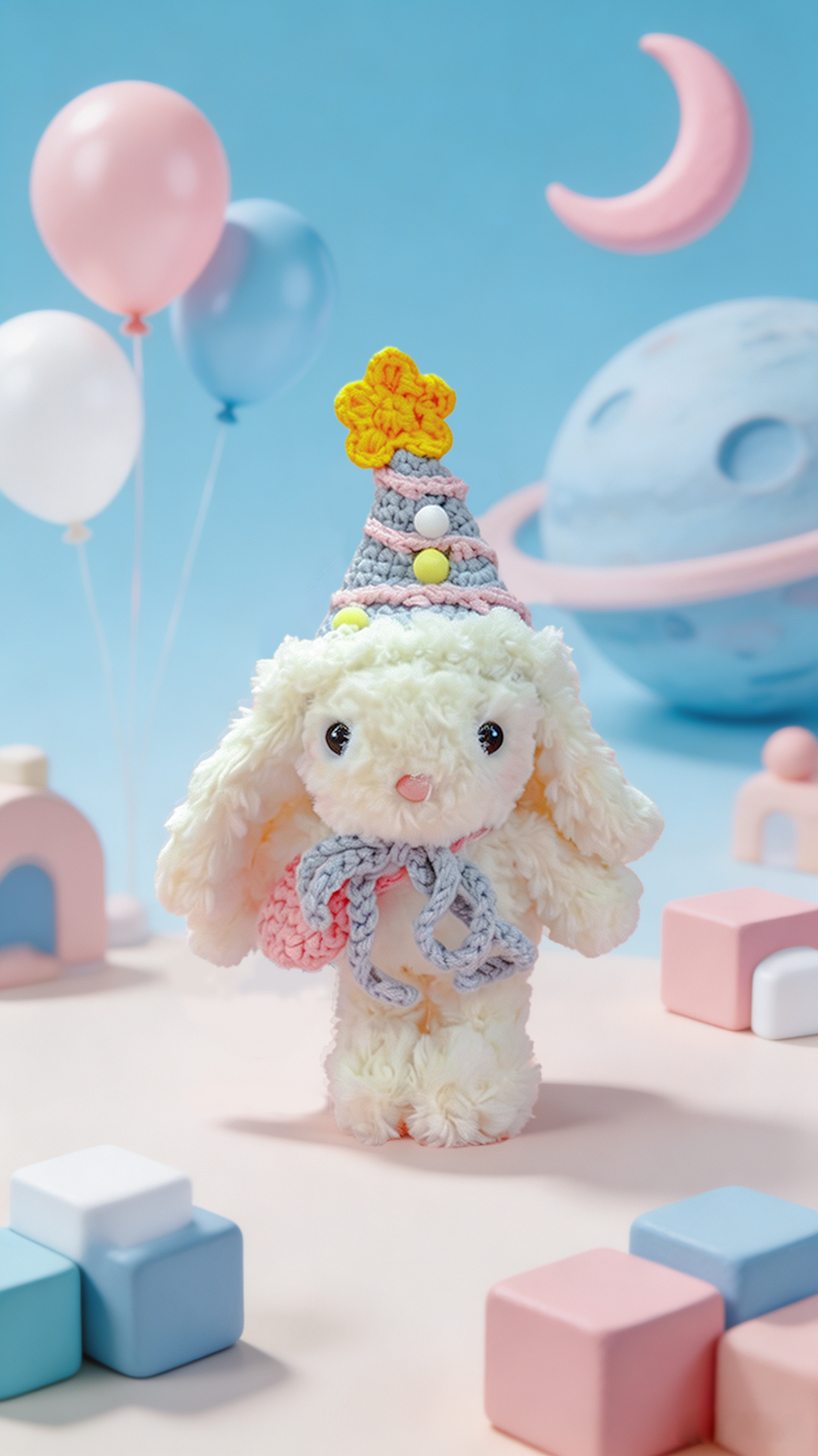 Bubblegum Bunny with a Blue Hat and a Pink Bag