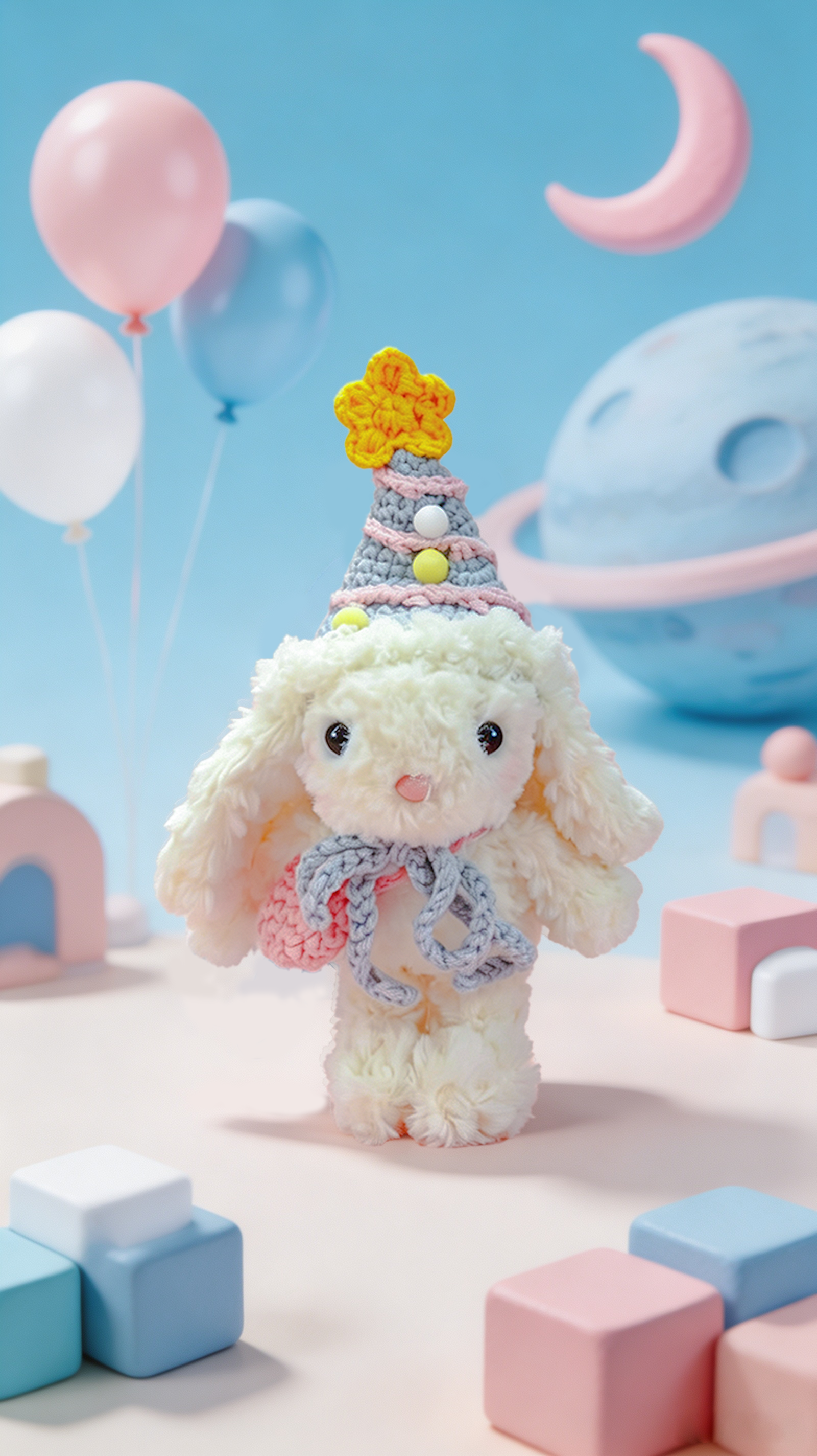 Bubblegum Bunny with a Blue Hat and a Pink Bag