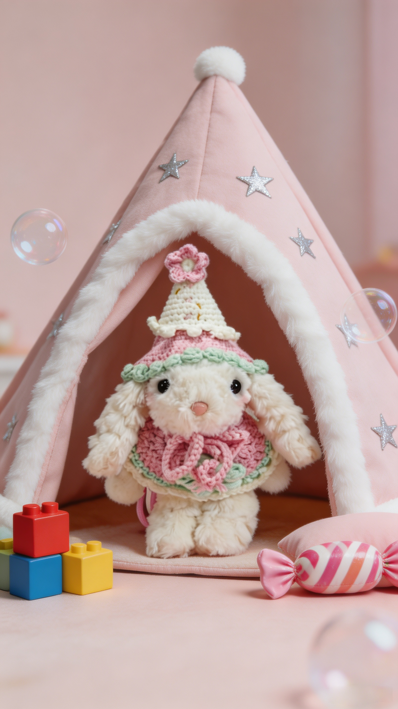 Bubblegum Bunny with a White Hat and a Pink Shawl