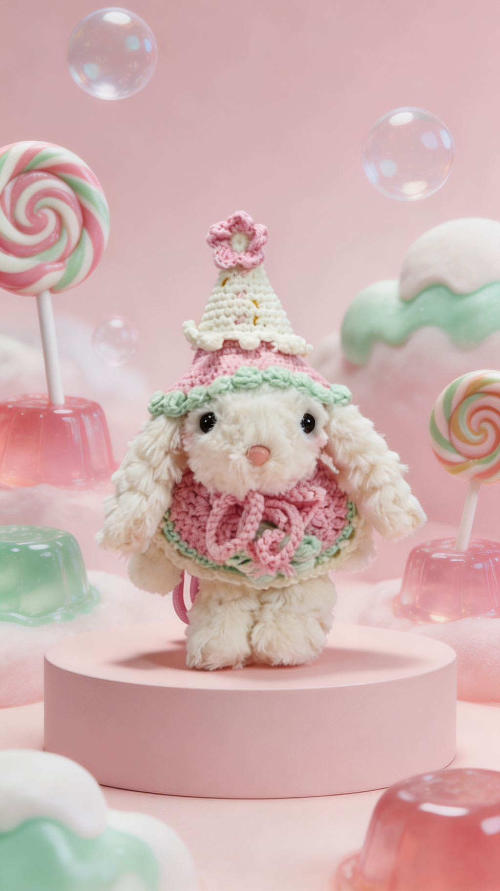 Bubblegum Bunny with a White Hat and a Pink Shawl