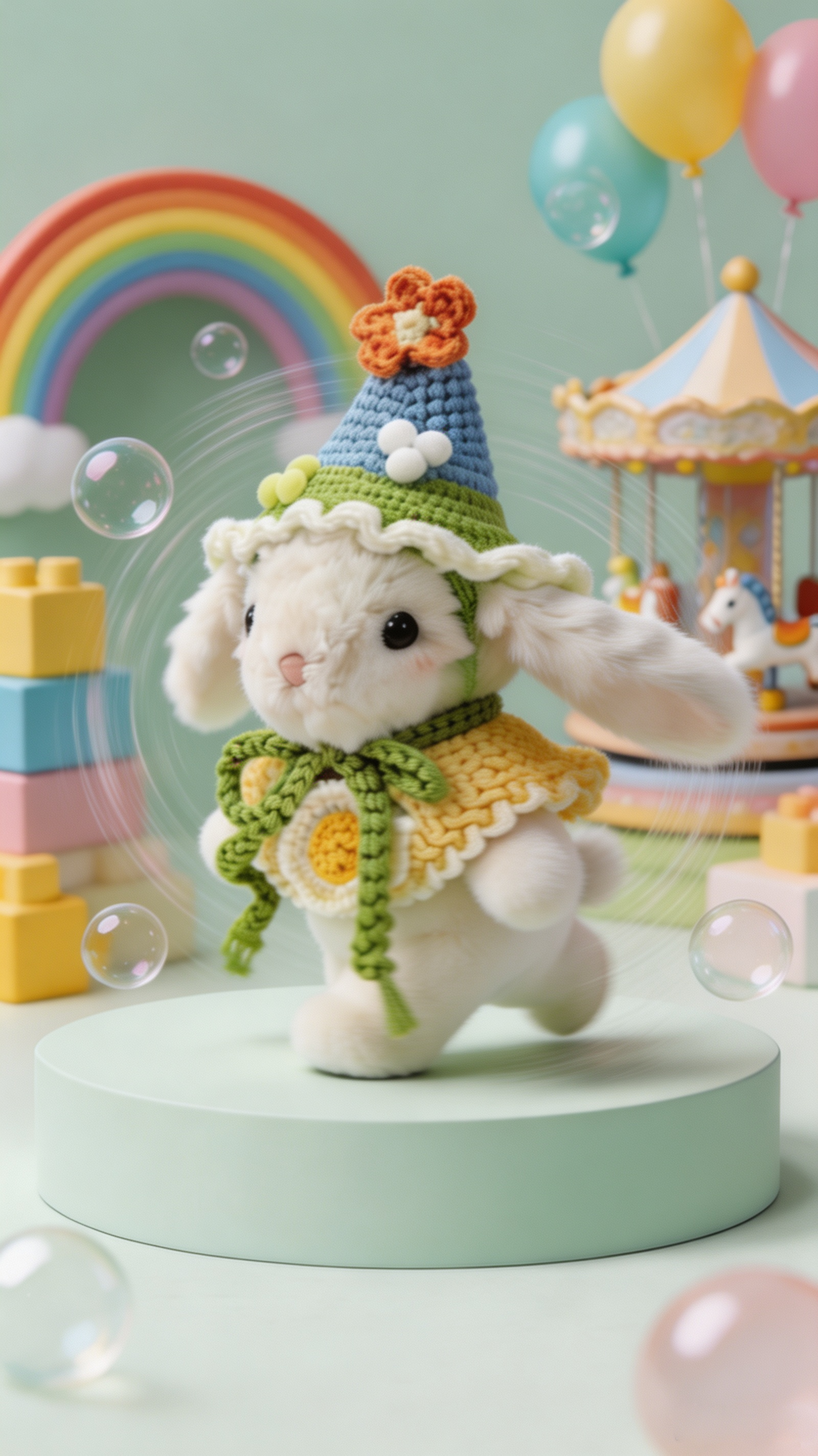 Bubblegum Bunny with a Blue Hat and a Yellow Shawl
