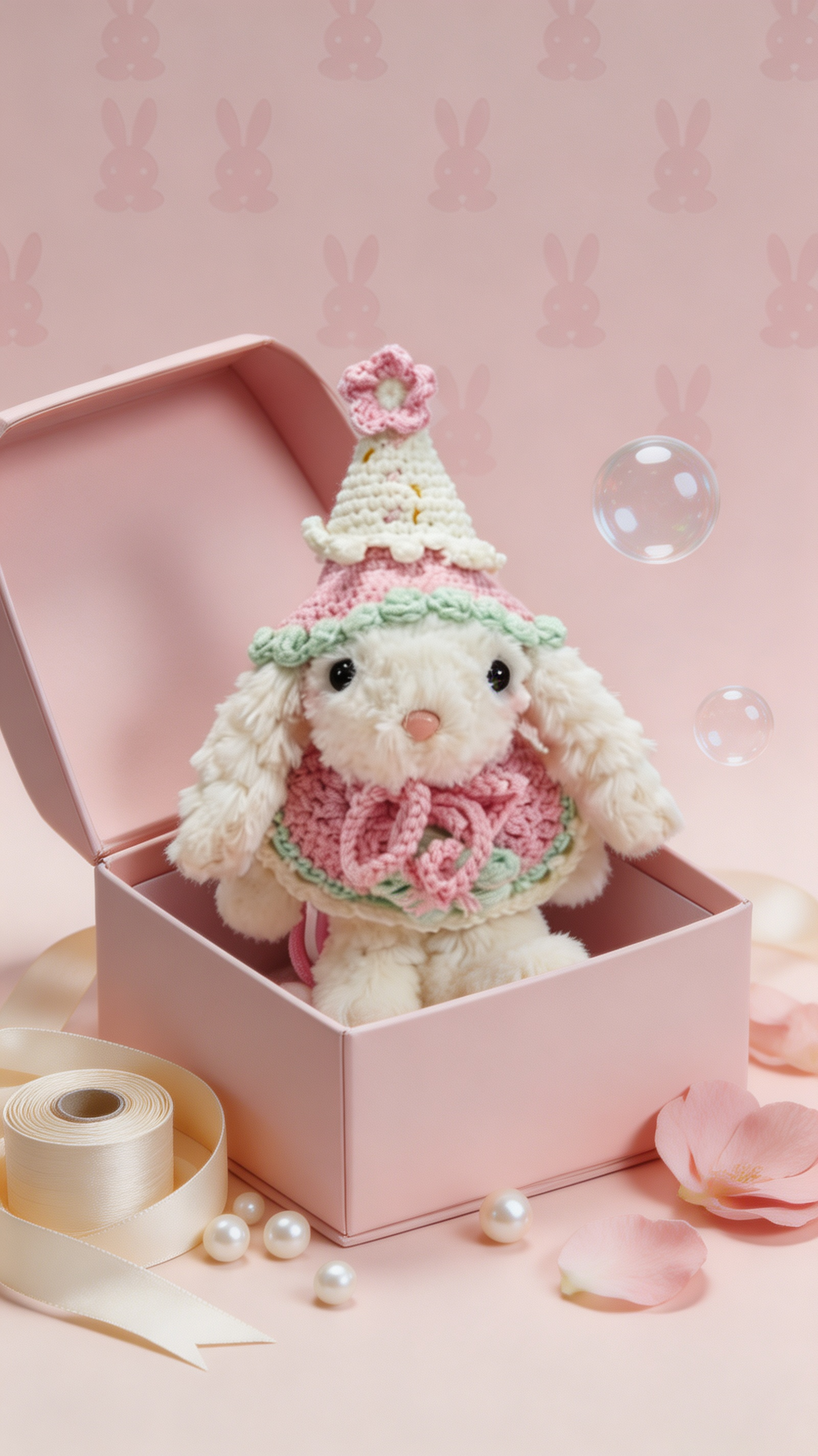 Bubblegum Bunny with a White Hat and a Pink Shawl