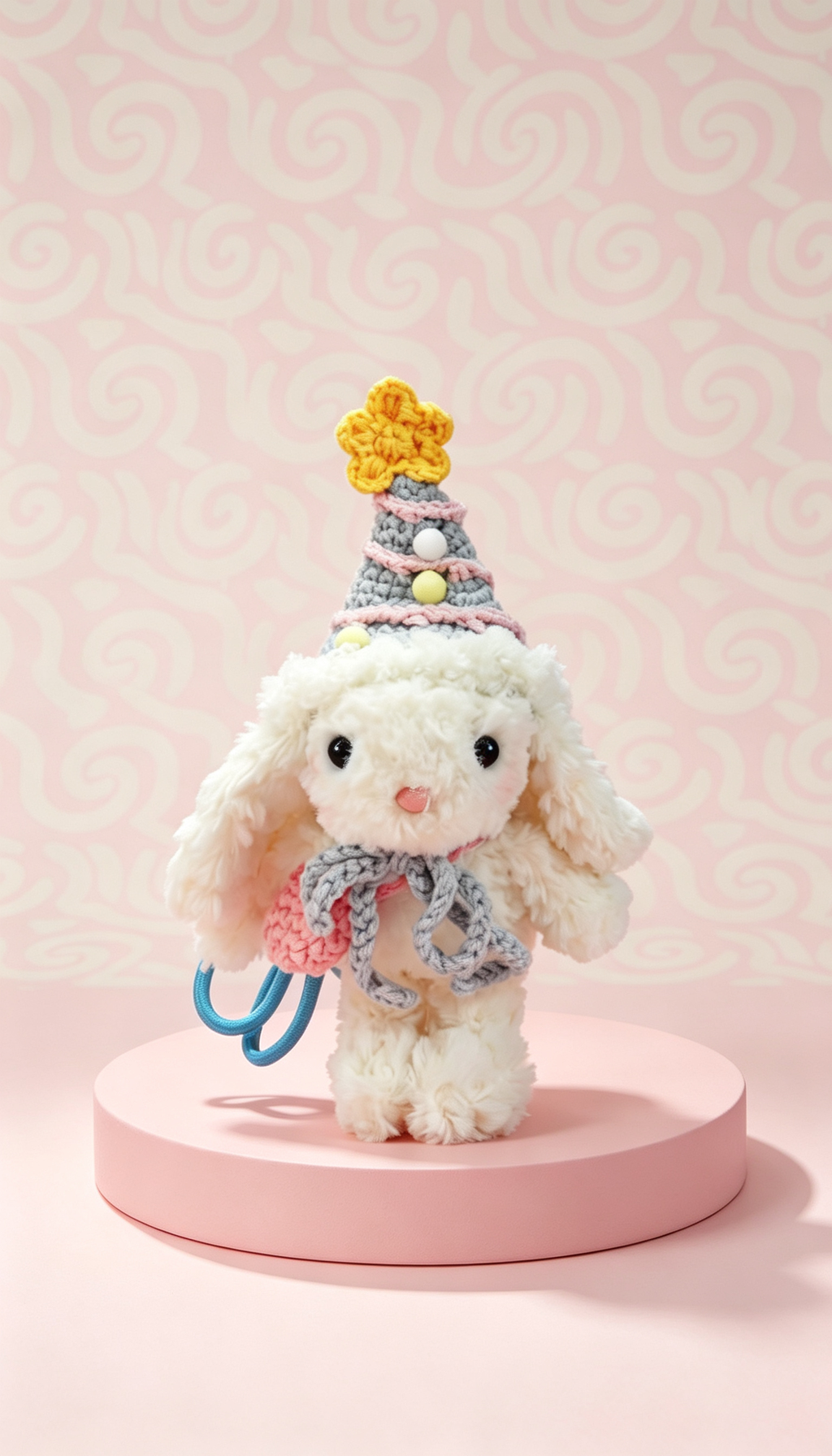 Bubblegum Bunny with a Blue Hat and a Pink Bag