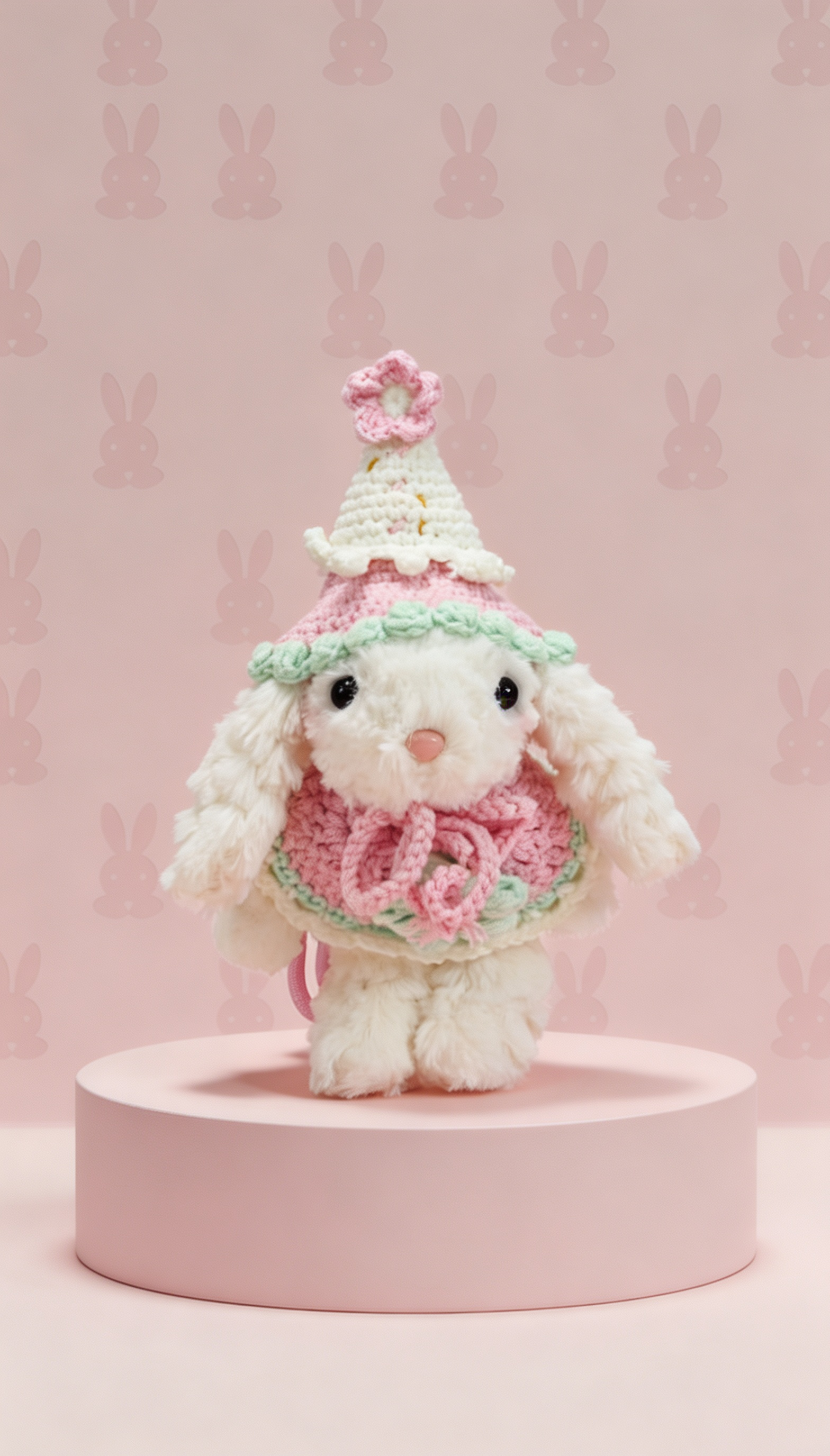 Bubblegum Bunny with a White Hat and a Pink Shawl