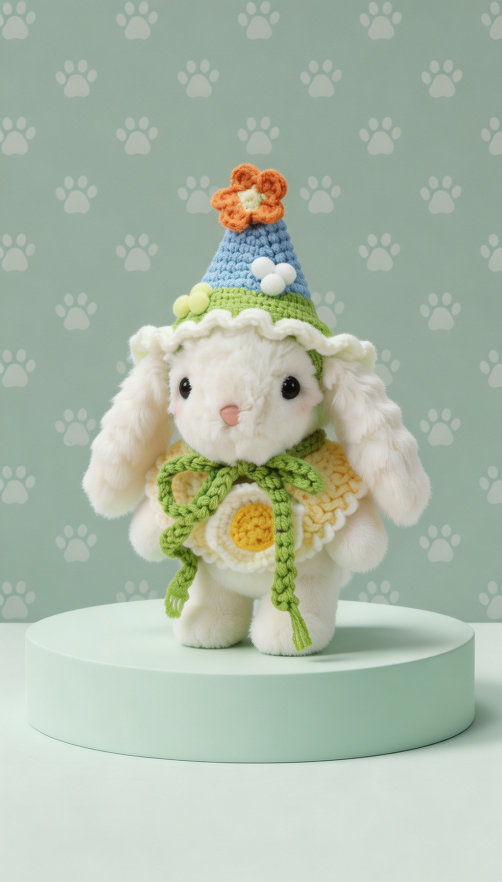 Bubblegum Bunny with a Blue Hat and a Yellow Shawl