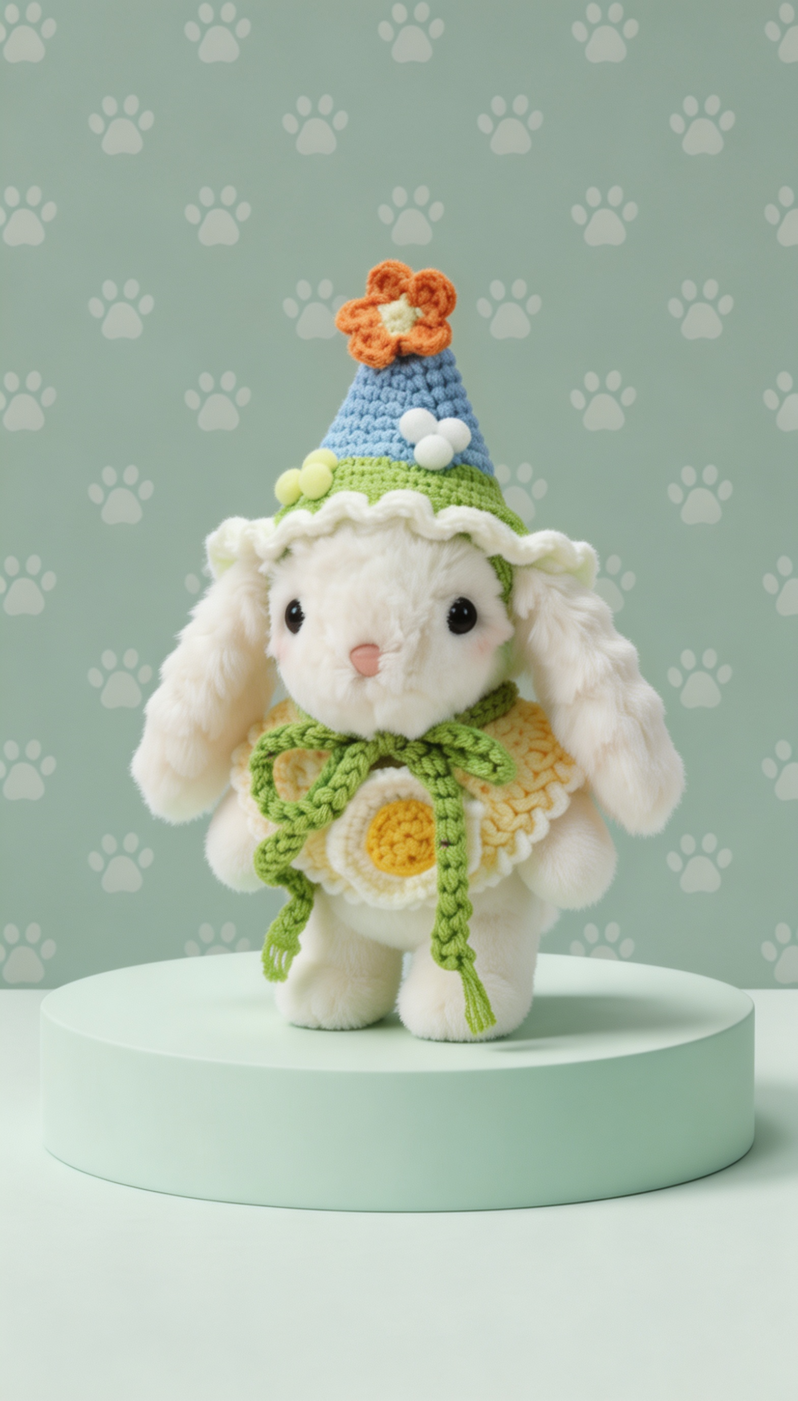 Bubblegum Bunny with a Blue Hat and a Yellow Shawl